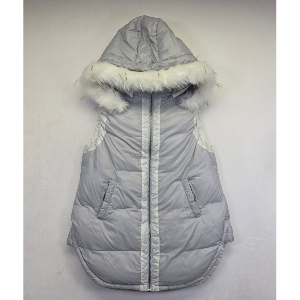 Sundance Puffer Vest Womens L Gray Faux Fur Goose Insulated Warm Longline Winter